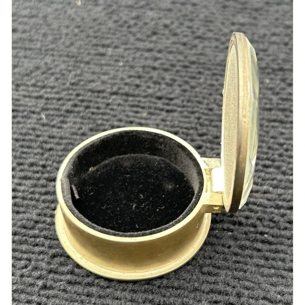 Vintage Brass Round Jewelry Ring Box‎ Faceted Glass Lid Velvet Lined Trinket Box